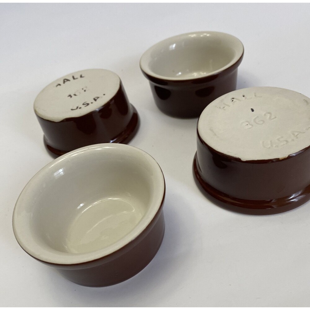 New HALL USA Vintage Set of 4 White/Brown Oven Ware 3" Ceramic Bowls Souffle NOS - Picture 12 of 12